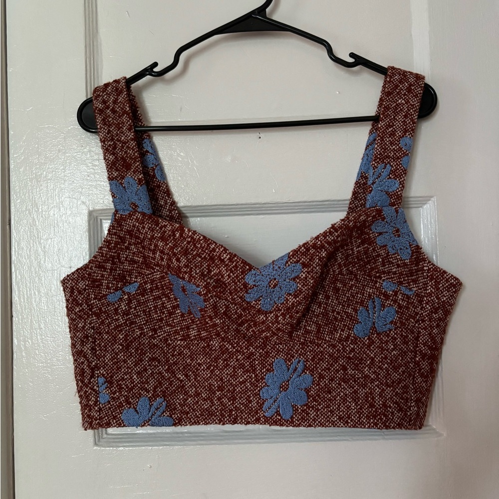 Silvia Tcherassi Agnello Crop Tank Top Maroon w/ Flower Embroidery sz XL NWT